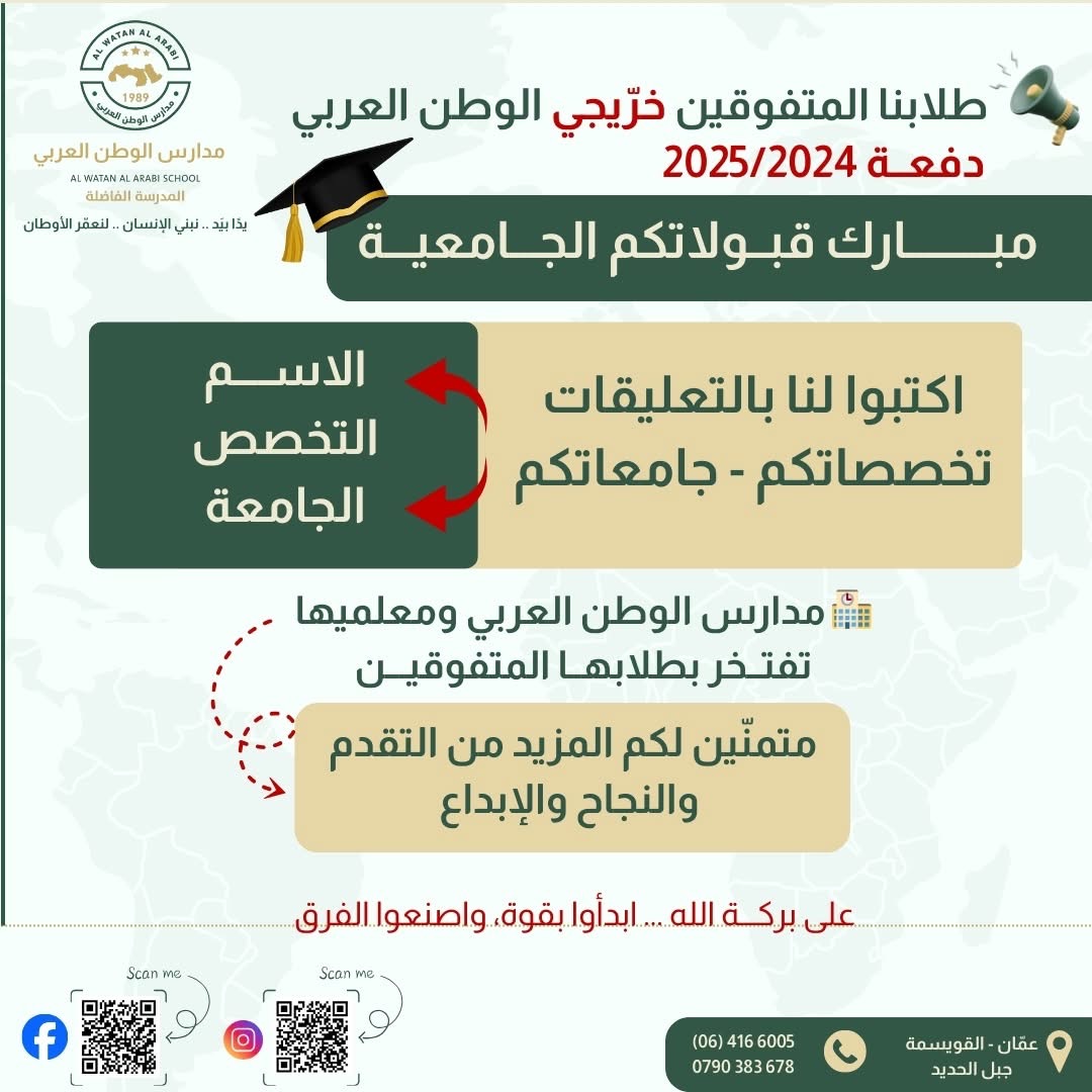 بكل فخر واعتزاز، نزفّ أجمل التهاني إلى خريجي دفعة 2024-2025 من مدارس الوطن العربي