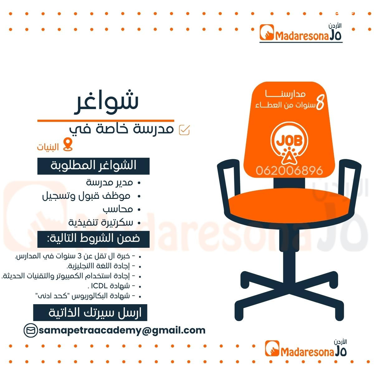 شواغر متاحة لمدرسة خاصة في منطقة البنيات